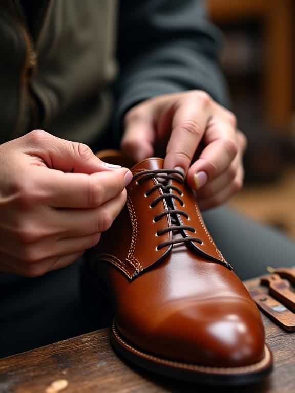 Close-up of a craftsman's hands carefully stitching the sole onto a leather shoe.