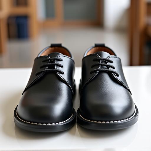 A pair of classic black leather children's school shoes.
