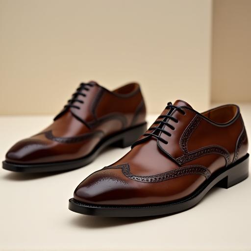 A detailed shot of polished brown leather men's dress shoes.