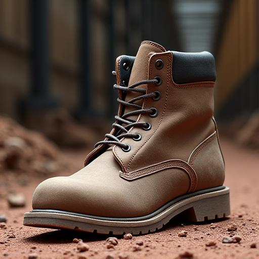 A sturdy, steel-capped work boot covered in dust.