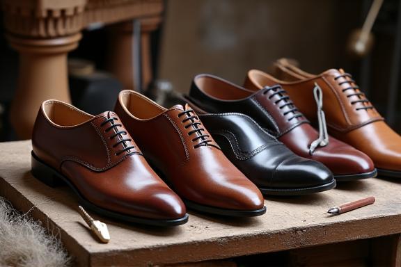 A collection of restored leather shoes on a cobbler's workbench.